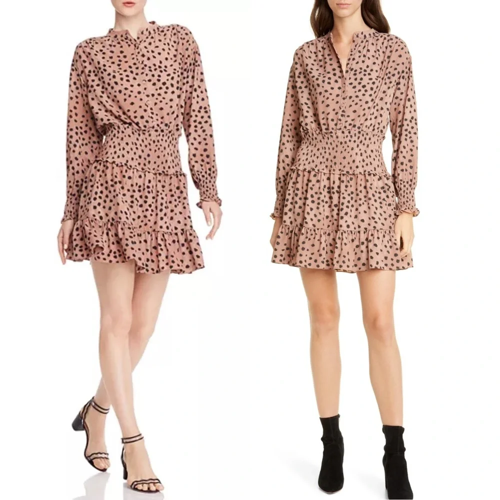 Rebecca Taylor La Vie Le Faune Mini Dress Sz M Smock Cheetah Print Long Sleeve